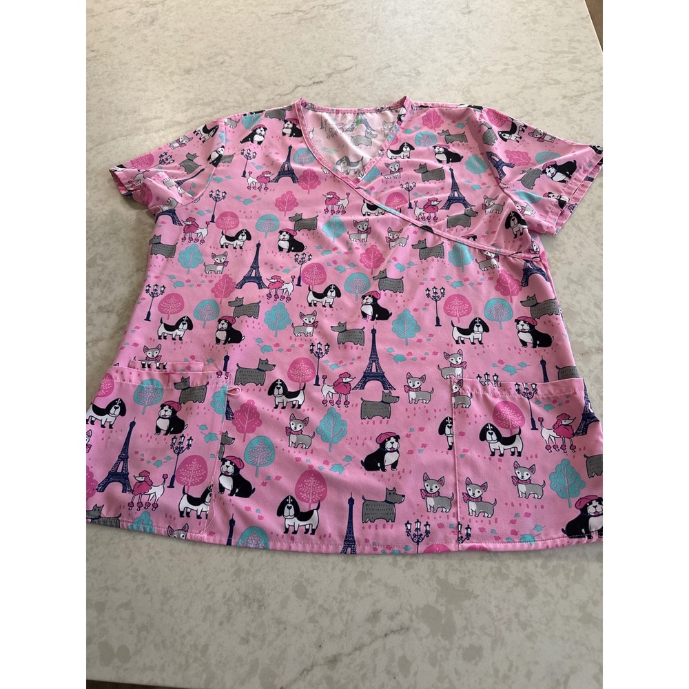 GT Performance Pink Paris Dog Print Mock Wrap Scrub Top XL Poodles Eiffel Tower